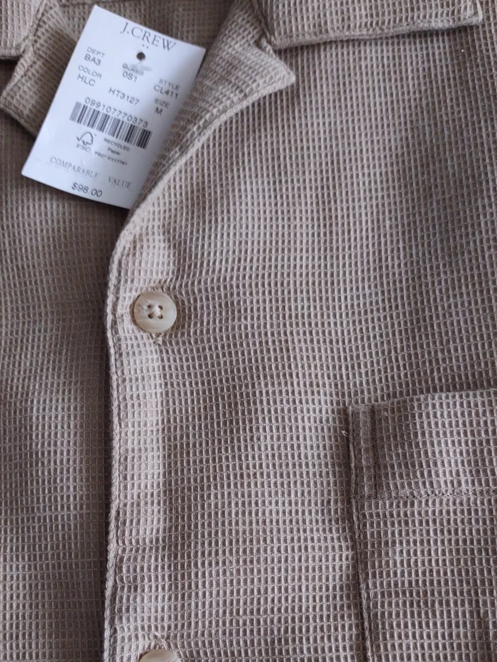 BRAND NEW J.CREW MEN'S SHORT SLEEVE WAFFLE DOBBY CAMP SHIRT